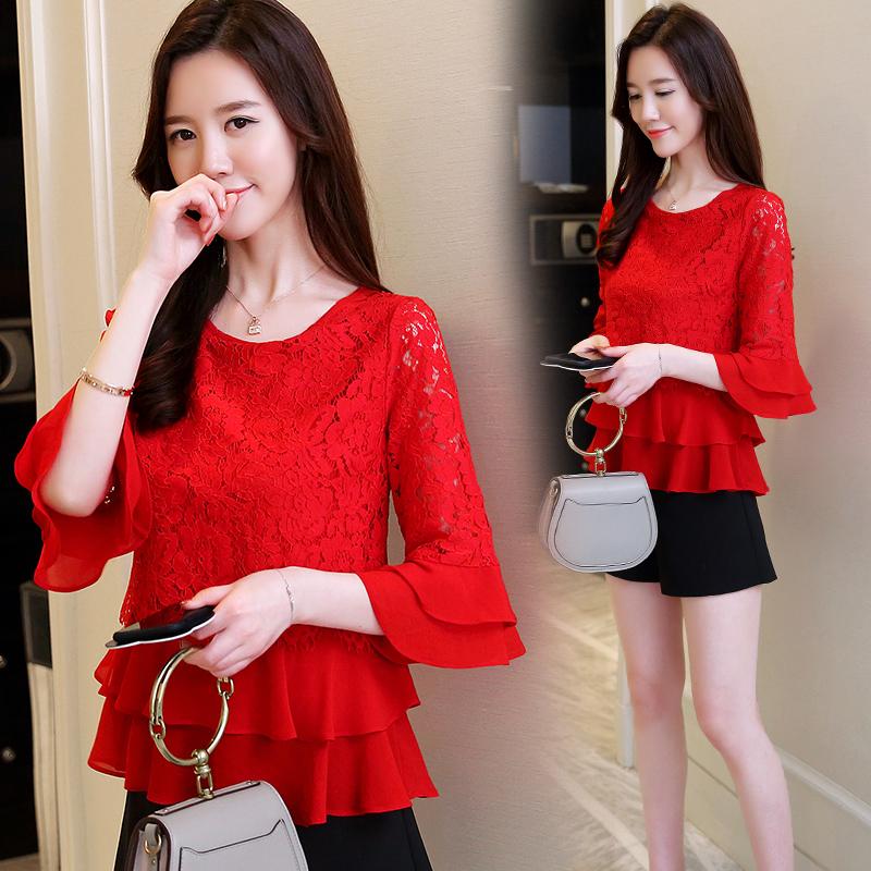 เสื้อลูกไม้สตรี แขนห้าส่วน สไตล์เกาหลี สตรี