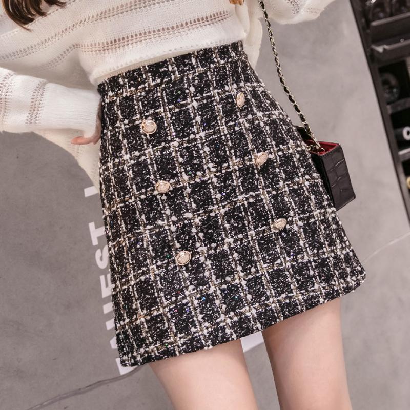2018 เสื้อผ้าแฟชั่น ใหม่สไตล์เกาหลีทำด้วยผ้าขนสัตว์ตารางกระโปรงคำเอฤดูใบไม้ร่วงและฤดูหนาวหญิงธูปเล็กแนบสะโพกกระโปรงสั้นกระดุม Chanel กระโปรง 5 ส่วน