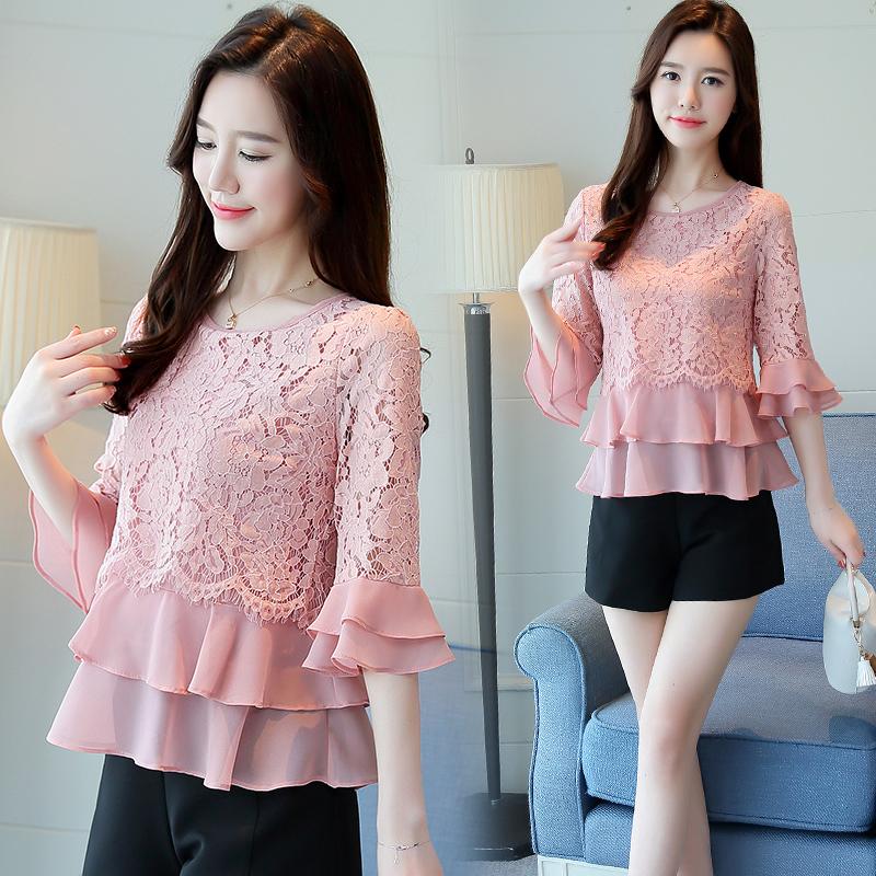 เสื้อลูกไม้สตรี แขนห้าส่วน สไตล์เกาหลี สตรี