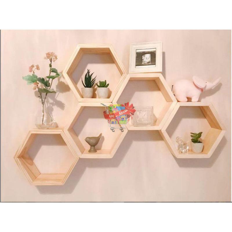 Rak Gantung Hexagonal Segi Enam Minimalis Rak Dinding Kayu Hiasan Rumah