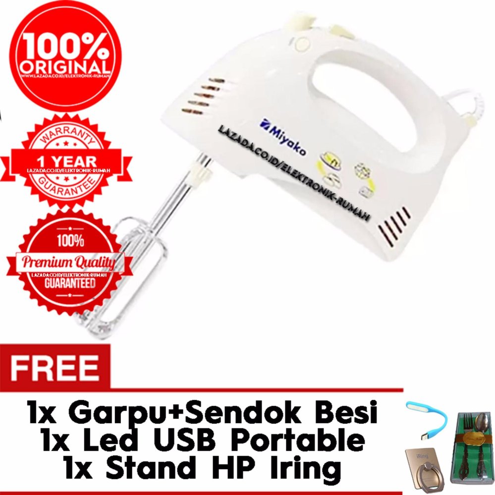 Miyako HM-620 Hand Mixer (Garansi resmi miyako) Putih Gratis Led USB Portable + Sendok dan Garpu Besi + Iring Stand Smartphone