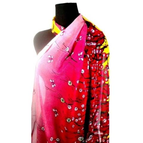Aura Merva Pashmina Chiffon Motif Bunga Sakura Gradasi Merah Kuning