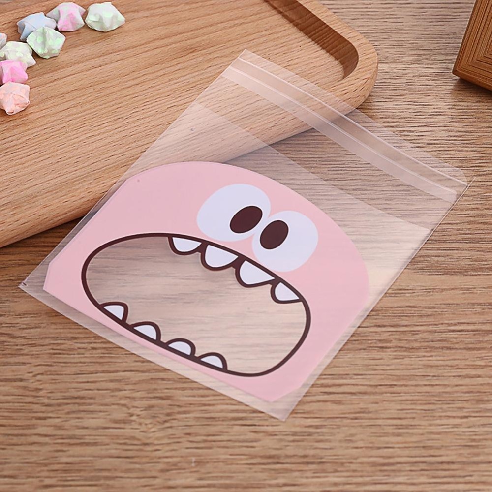 100 Pcs OPP Adorable Lovely Rakasa Kecil Gigi Tajam Pola Baking Kemasan Hadiah Natal Tas Pernikahan Kue Permen Kantong Plastik Gaya: Pink 7*7 + 3-Intl