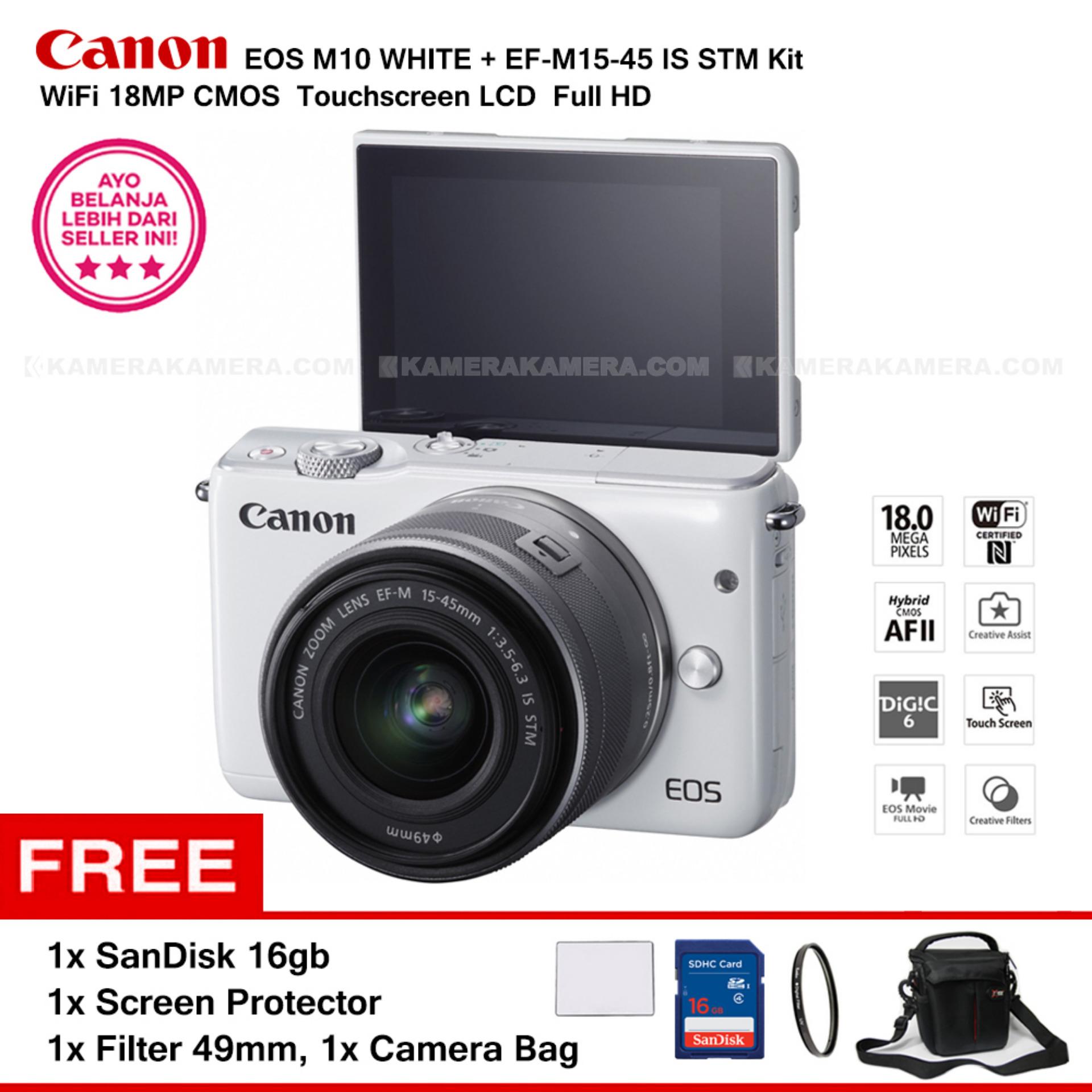 Canon EOS M10 (White) + EF-M15-45 IS STM Kit Wifi 18MP CMOS Touchscreen LCD Full HD + SanDisk 16GB + Screen Protector + Filter 49mm + Camera Bag