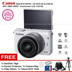 Canon EOS M10 (White) + EF-M15-45 IS STM Kit Wifi 18MP CMOS Touchscreen LCD Full HD + SanDisk 16GB + Screen Protector + Filter 49mm + Camera Bag + Takara ECO-193A