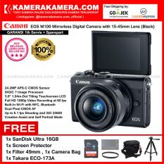 Canon EOS M100 Kit 15-45mm Black Kamera Mirrorless - 24.2MP (Garansi 1th) Bonus SanDisk Ultra 16gb + Anti Gores + Filter 49mm + Tas + Takara ECO-173A