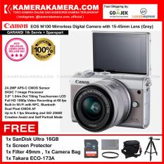 Canon EOS M100 Kit 15-45mm Grey Kamera Mirrorless - 24.2MP (Garansi 1th) Bonus SanDisk Ultra 16gb + Anti Gores + Filter 49mm + Tas + Takara ECO-173A