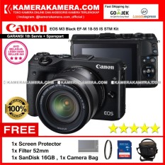 Canon EOS M3 Black EF-M 18-55 IS STM Kit (Garansi 1th) Kamera Mirrorless M3 CMOS 24.2MP Full HD + Screen Protector + SanDisk 16gb + Filter 52mm + Camera Bag
