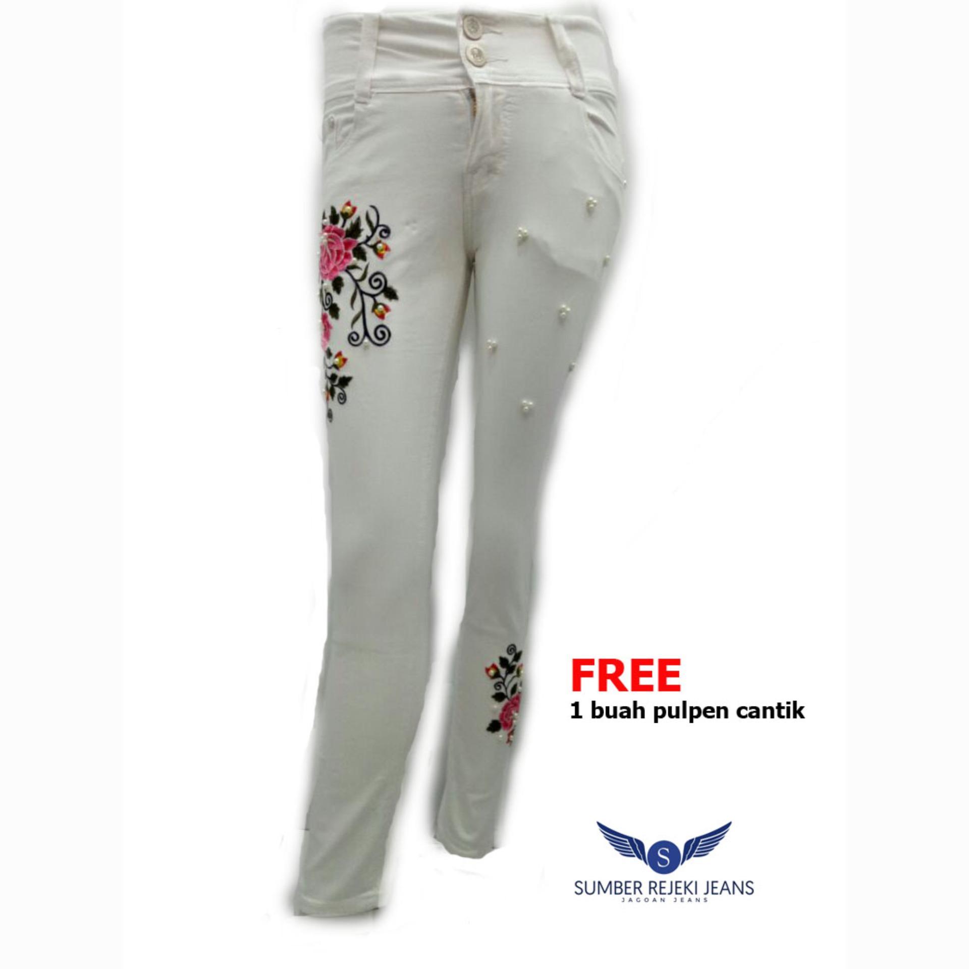 Celana Putih Bordir Bunga / Celana Panjang White Jeans Wanita