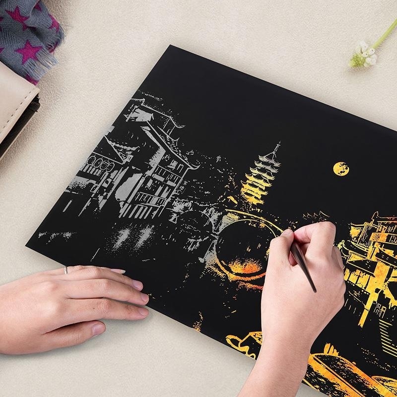 Kota Yang terang Tema DIY Menggambar Gambar Lukisan Dinding Scratch Card, city Golden Night View Cat Seni Kertas Dekorasi Rumah Hadiah Kreatif Gaya:-Intl