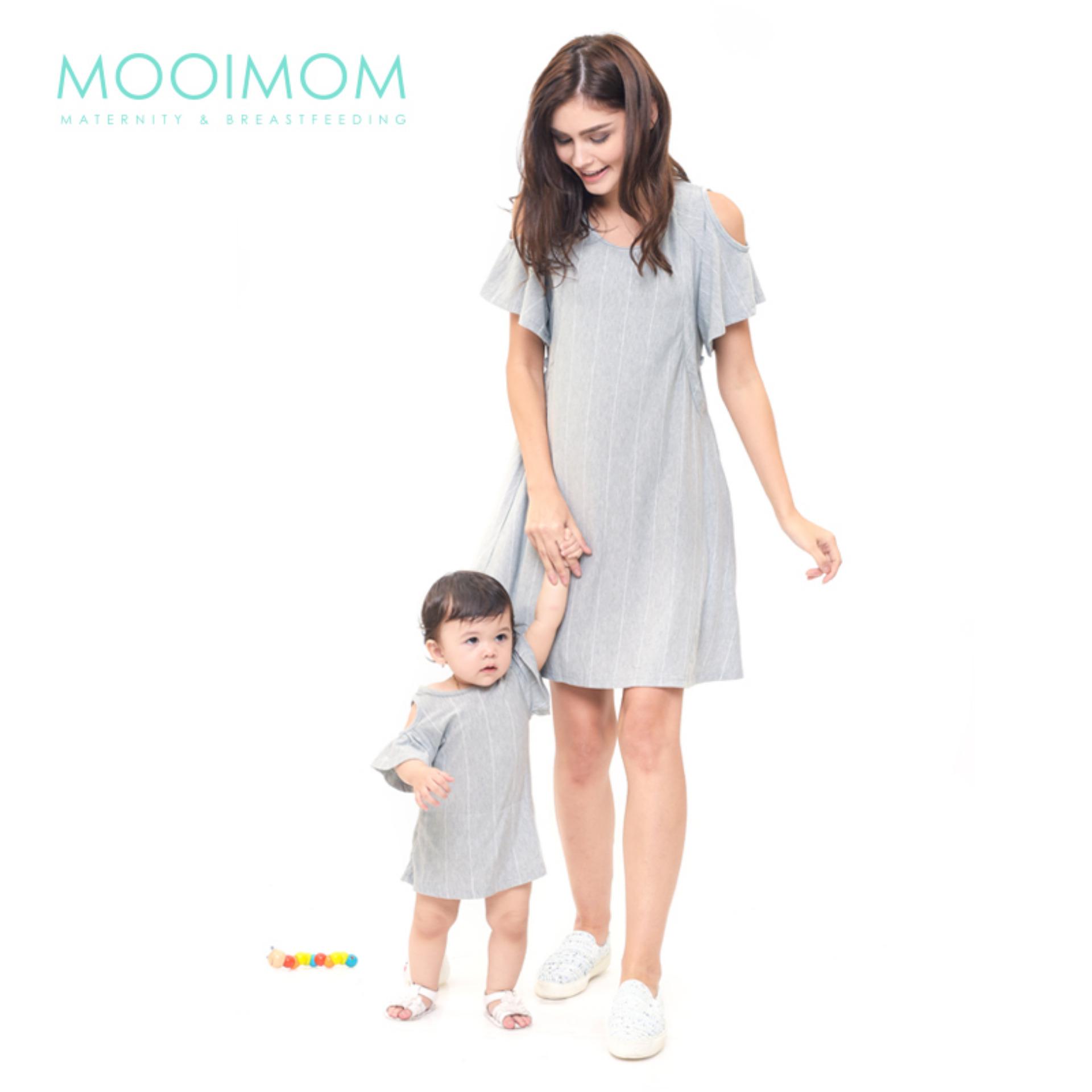MOOIMOM Cold Shoulder Nursing Dress & Baby Clothes Baju Hamil Menyusui Couple Ibu Anak - Grey Girl