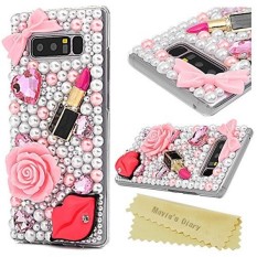 Catatan 8 Case, maviss Diary Bening Keras Buah Plastik Case 3D Buatan Tangan Penuh Sisi Pelindung Mewah Berkilau Bling Berkilau Diamonds Merah Muda Busur Dasi lipstik Bunga Kulit Cangkang untuk Samsung Galaksi Note 8-Internasional