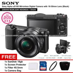 SONY Alpha 5100 Black with 16-50mm Lens Mirrorless Camera a5100 - WiFi 24.3MP Full HD (Resmi Sony) + SanDisk 16gb + Screen Guard + Filter 40.5mm + Camera Bag