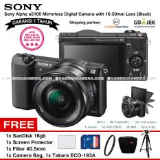 SONY Alpha 5100 Black with 16-50mm Lens Mirrorless Camera a5100 - WiFi 24.3MP Full HD (Garansi 1th) + SanDisk 16gb + Screen Guard + Filter 40.5mm + Camera Bag + Takara ECO-193A