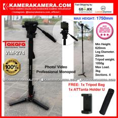 TAKARA VIM-274 Photo / Video Professional Monopod VIM 274 Max Height 1750mm Free Bag + ATTanta Holder U for DSLR Mirrorless Camera Canon Nikon Sony Fujifilm Panasonic and Action Camera GoPro Brica Xiaomi Yi Kogan and SmartPhone iPhone Samsung