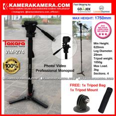 TAKARA VIM-274 Photo / Video Professional Monopod VIM 274 Max Height 1750mm Free Bag + Tripod Mount for DSLR Mirrorless Camera Canon Nikon Sony Fujifilm Panasonic and Action Camera GoPro Brica Xiaomi Yi Kogan and SmartPhone iPhone Samsung