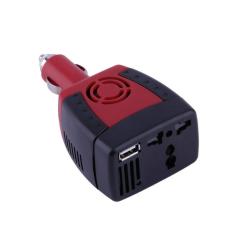 Unique Car Power Inverter 150W 12V DC ke Konverter AC 220V / 110V Adaptor dengan Lighter Rokok dan USB 2.1A / 0.5A Hitam Merah