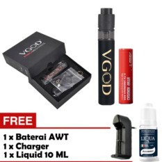 VGOD Pro Mech RDTA Rokok Elektrik Vape Vaporizer Full Black + Free 1 pc Baterai AWT + 1 pc Liquid dan Charger Battery Single Slot + 2 Sheet Kapas Cotton Bacon + 8 pcs Coil Demon Killer (SIAP PAKAI)