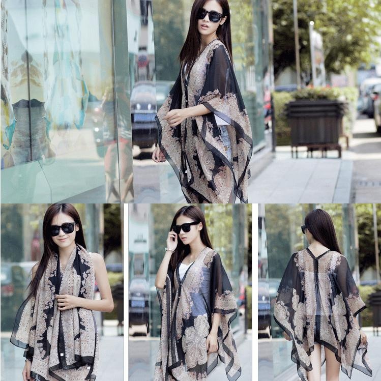 Women's Cashew Flowers Summer Tops Summer Sunscreen Chiffon Beach Scarf Cover Ups - Black