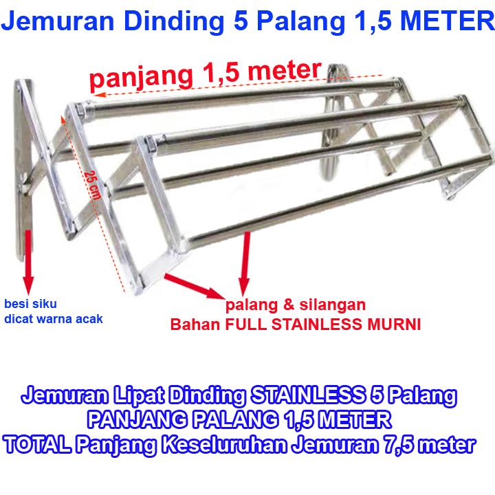 Jemuran Tempel Dinding 5 Palang 1 5 Meter STAINLESS STEEL Jemuran Lipat