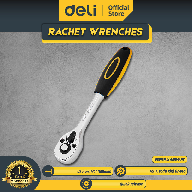 Deli Ratchet Wrench Kunci Ratchet 45 Gerigi 1 4 3 8 1 2 Inch Chrome