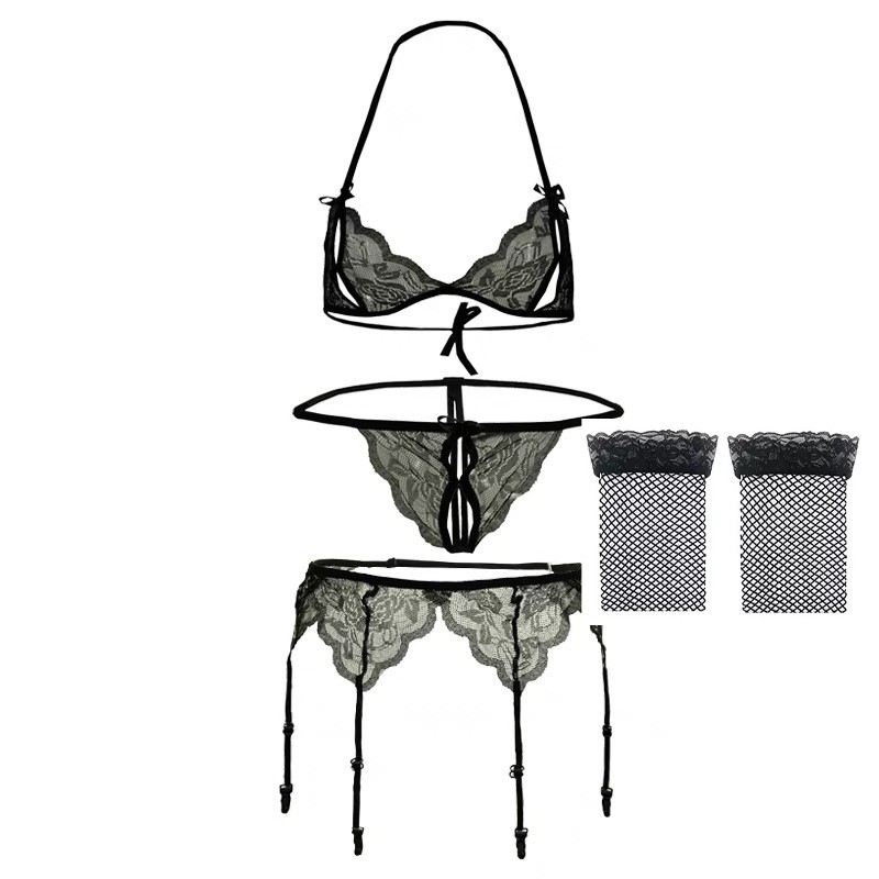 Cod Lingerie Wanita Open Bra Dan G String Set Bikini Lace Suspender