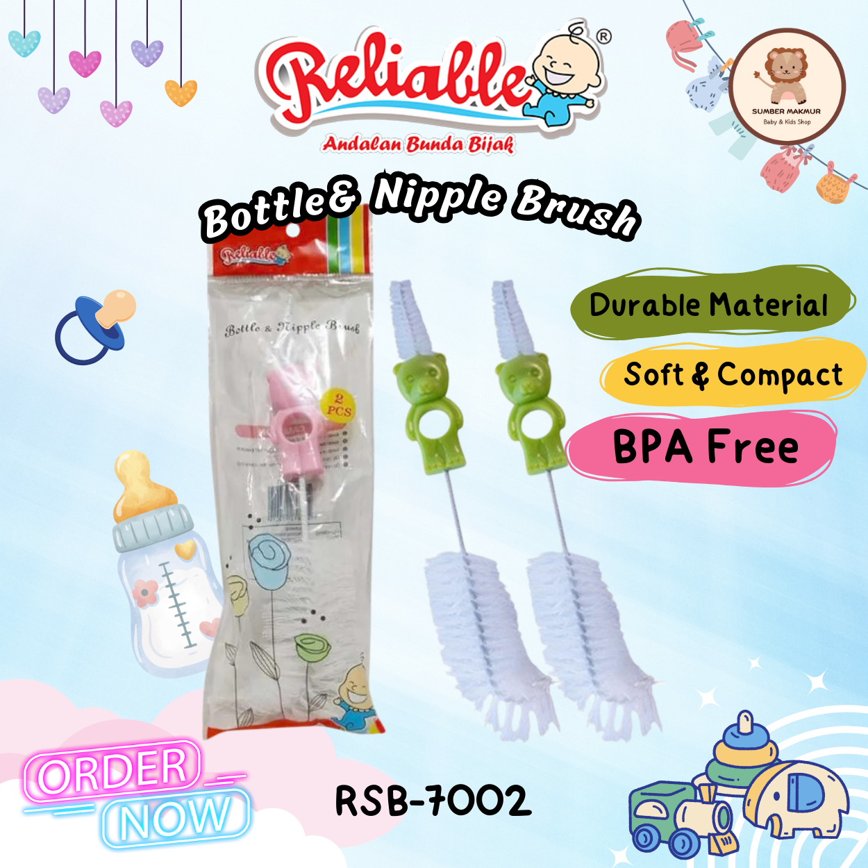 Reliable Bottle Nipple Brush 2in1 Sikat Pembersih Botol Dot Lurus