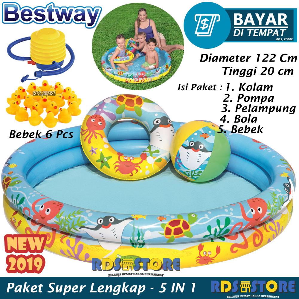 Kolam Renang Anak Mandi Bola Ocean Life Kids Play Pool - 122 x 20 Cm + Pompa Injak + Bebek 6 Pcs