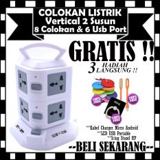Colokan Listrik Vertical 2 Tingkat 8 Colokan Listrik & 6 Port USB 2.1 A - GRATIS Kabel Charger Micro 3Meter + Led Usb Portable & Iring Stand HP