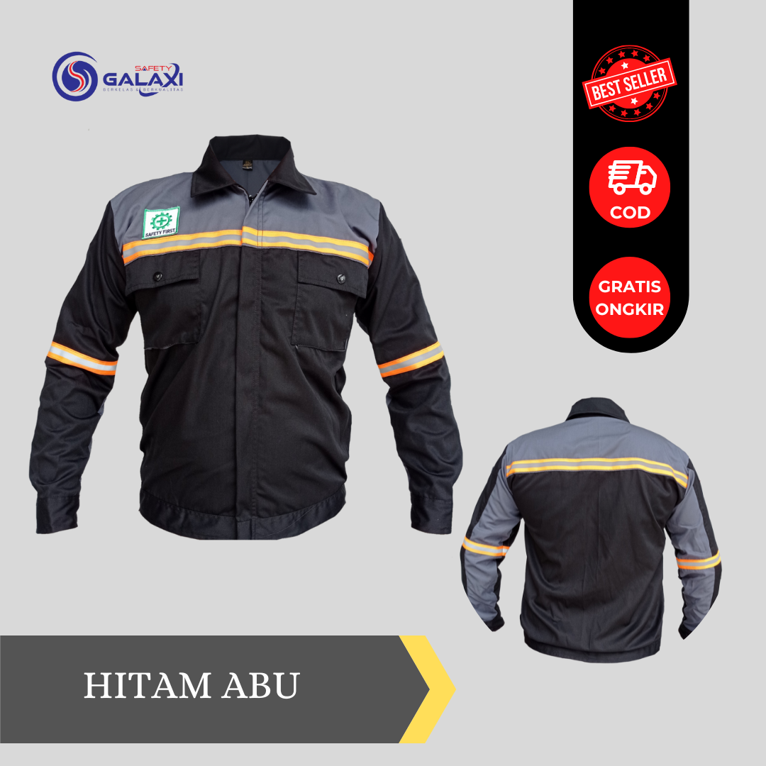 Wearpack Atasan Kemeja Safety Warna Hitam Kombinasi Sleting Lengan