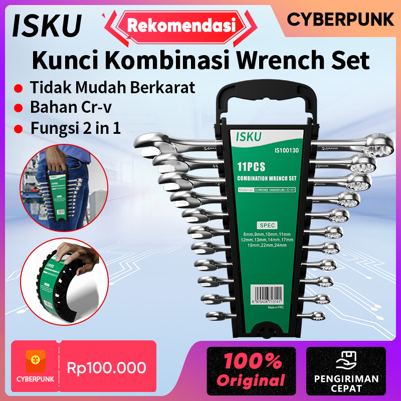 ISKU Kunci Ring Pas Set 11 Pcs 8 24mm Kombinasi Wrench Set 2In1 CR V