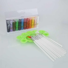 12 Warna Acrylic Nail Art Tube Lukisan Pigmen + 15 Brushs Pen Palette Dish Set-Intl