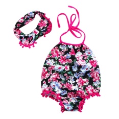 2 Pcs Bayi Bayi Perempuan Bercetak Bunga Tali Halter Baju Monyet + Headband-Intl