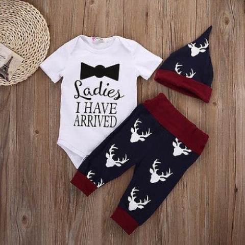 3 Pcs Baru Lahir Baby Boy Pakaian Set Lengan Pendek Baju Monyet + Pant + Hat Outfits Set Natal Rusa Pakaian- INTL 1