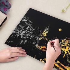 Kota Yang Terang Tema DIY Menggambar Gambar Lukisan Dinding Scratch Card, City Golden Night View Cat Seni Kertas Dekorasi Rumah Hadiah Kreatif Gaya:-Intl
