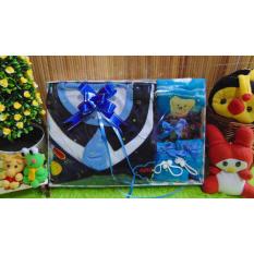 kembarshop - Paket Kado Bayi Setelan Baju Rompi Dasi Biru Plus Set Topi Sepatu Rajut