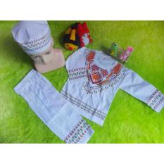 kembarshop - Setelan Baju Koko Bayi 0-12 Bulan Lembut Putih Sablon Plus Peci Sablon