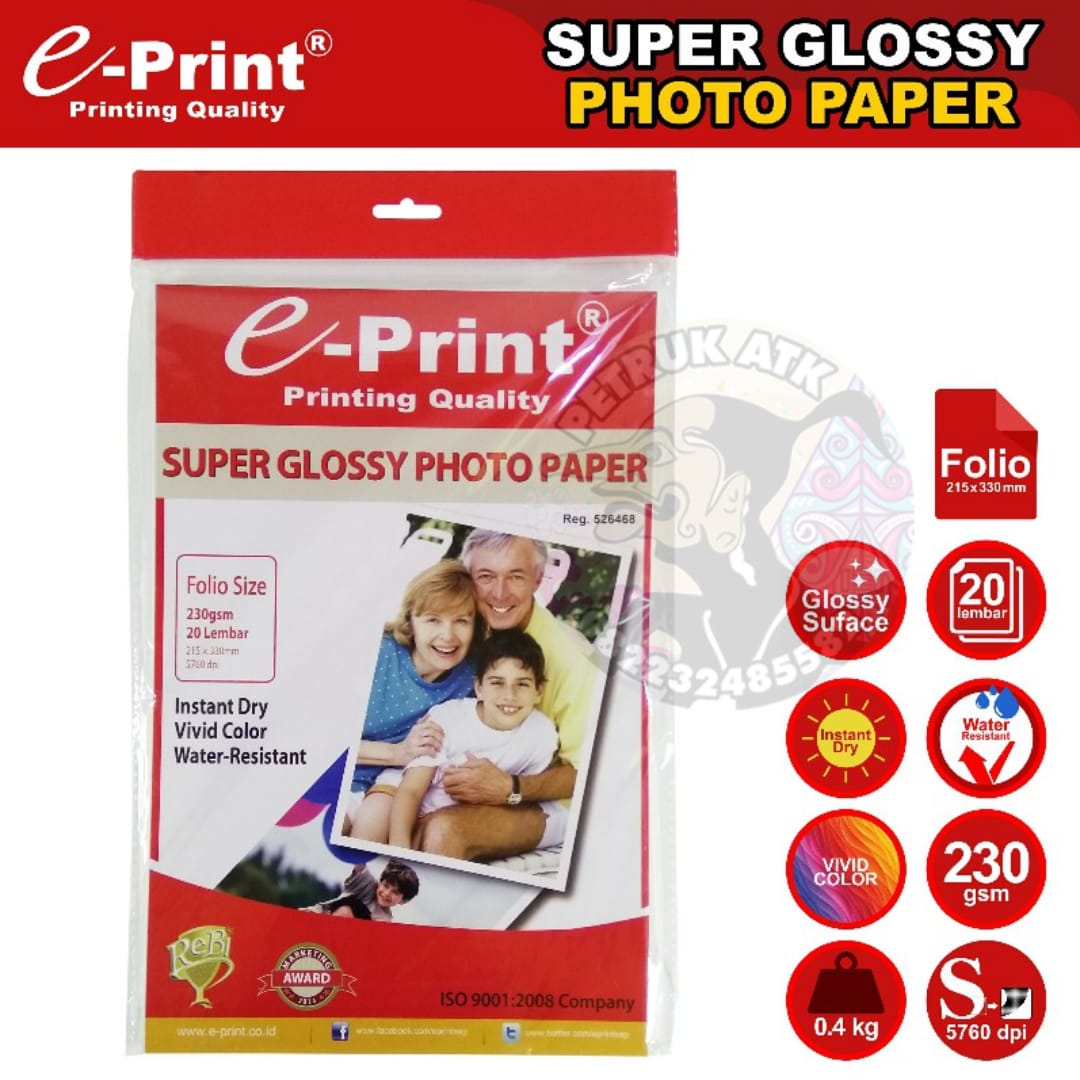 PAK KERTAS SUPER GLOSSY PHOTO PAPER F4 230 GSM EPRINT FOLIO KERTAS