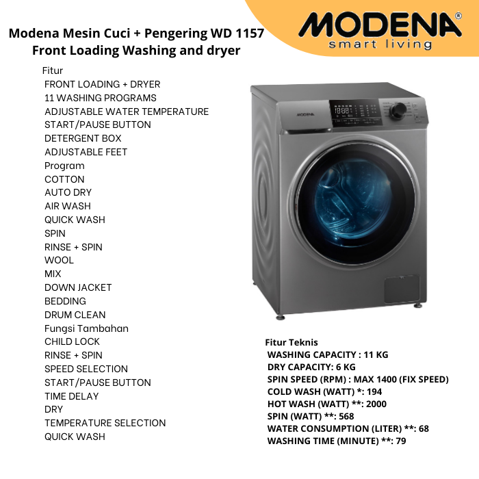 Modena Mesin Cuci Pengering Wd Front Loading Washing And Dryer