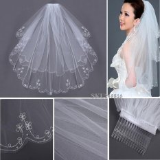 7 Pcs 2 T Bordir Mutiara Kerudung Cadar Pernikahan dengan Sisir Putih-Intl