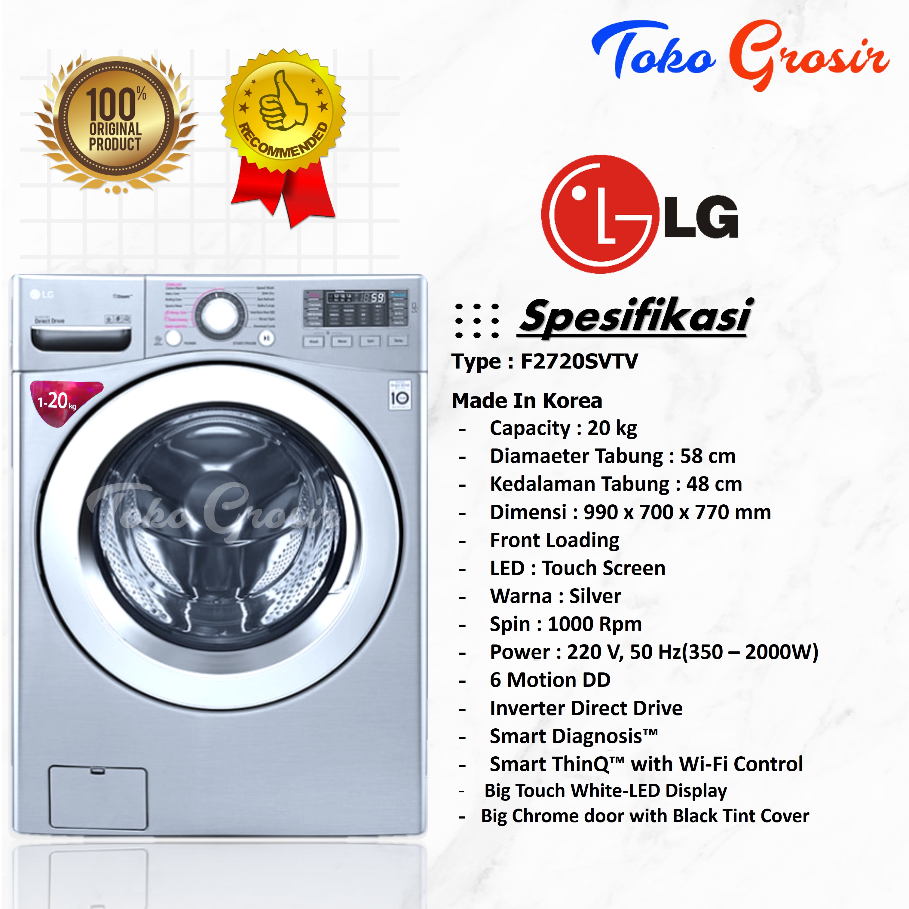 Lg Mesin Cuci Front Loading Laundry Kg F Svtv Garansi Tahun