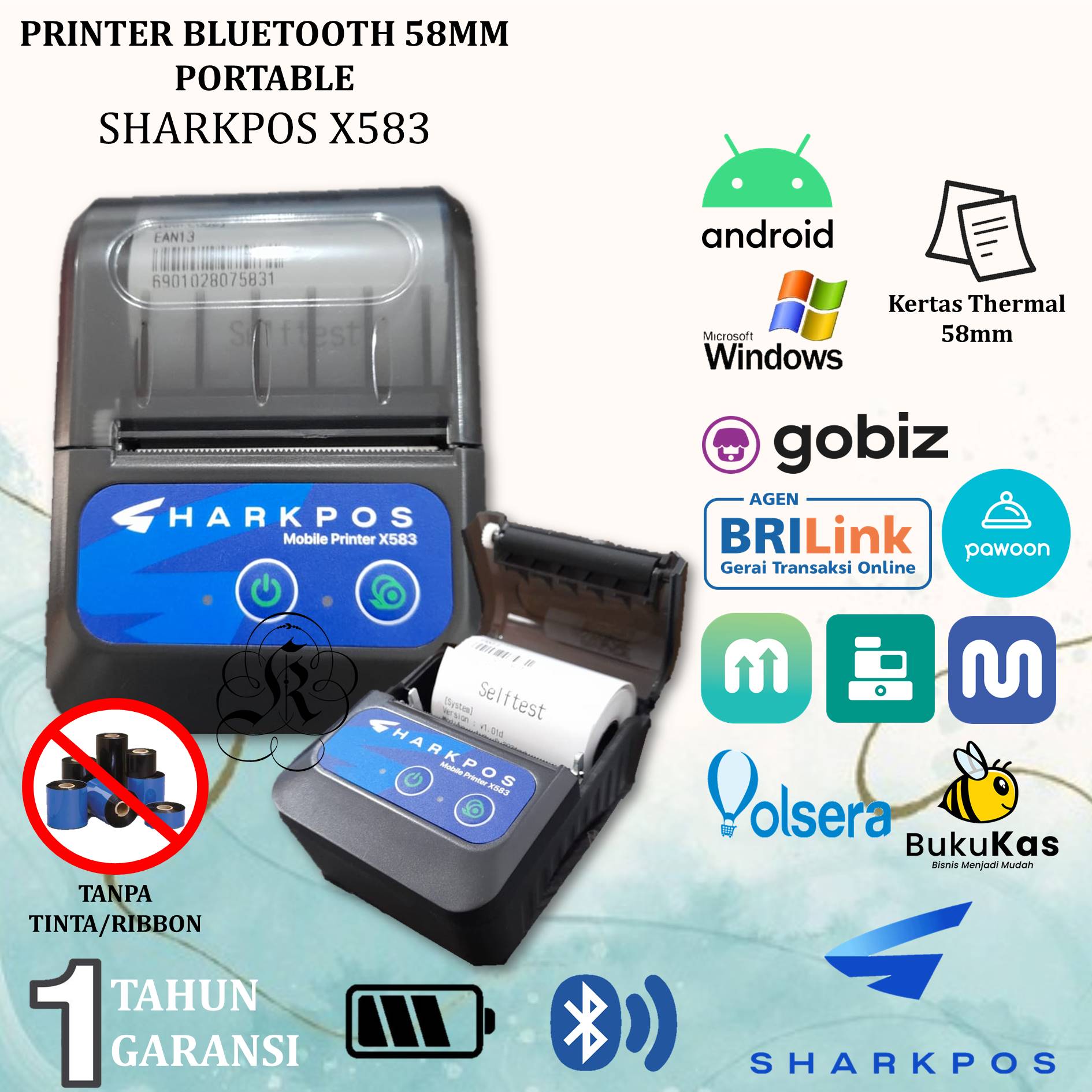 Sharkpos X583 Mini Printer Thermal Bluetooth Portable 58mm Mobile