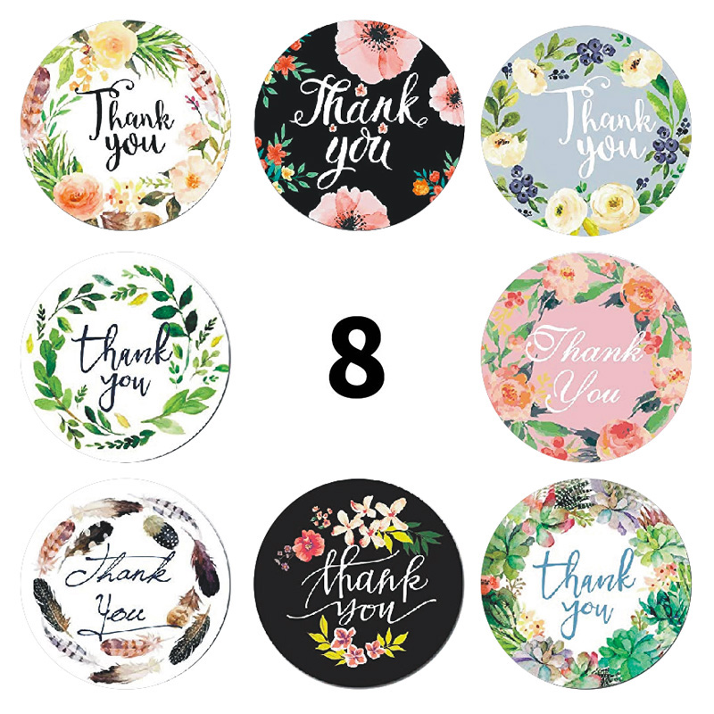 500Pcs Roll 8 Types Floral Thank You Sticker For Seal Label