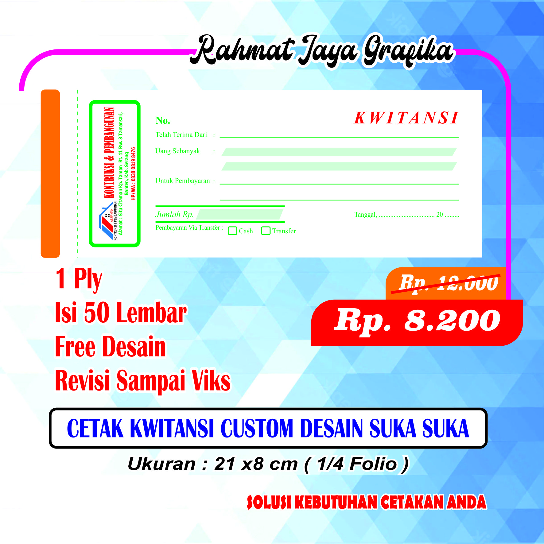 Cetak Kwitansi Custom 1Ply Isi 50 Lembar MINIMAL ORDER 4 BUKU