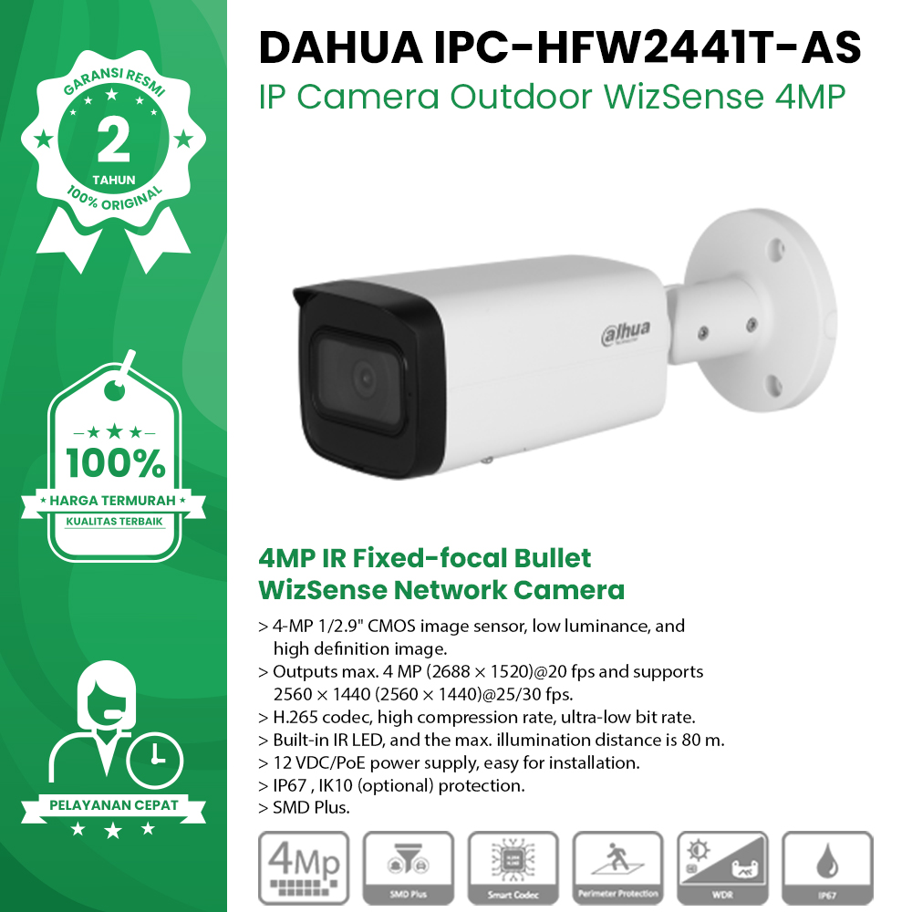 DAHUA IPC HFW2441T AS 4MP IR Fixed Focal Bullet WizSense Network Camera