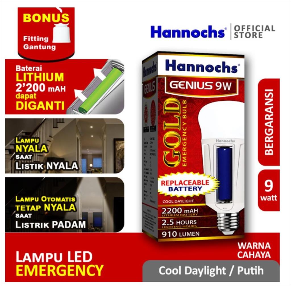 Hannochs Lampu Bohlam Emergency LED AC DC GENIUS GOLD 9W 9 Watt Cahaya