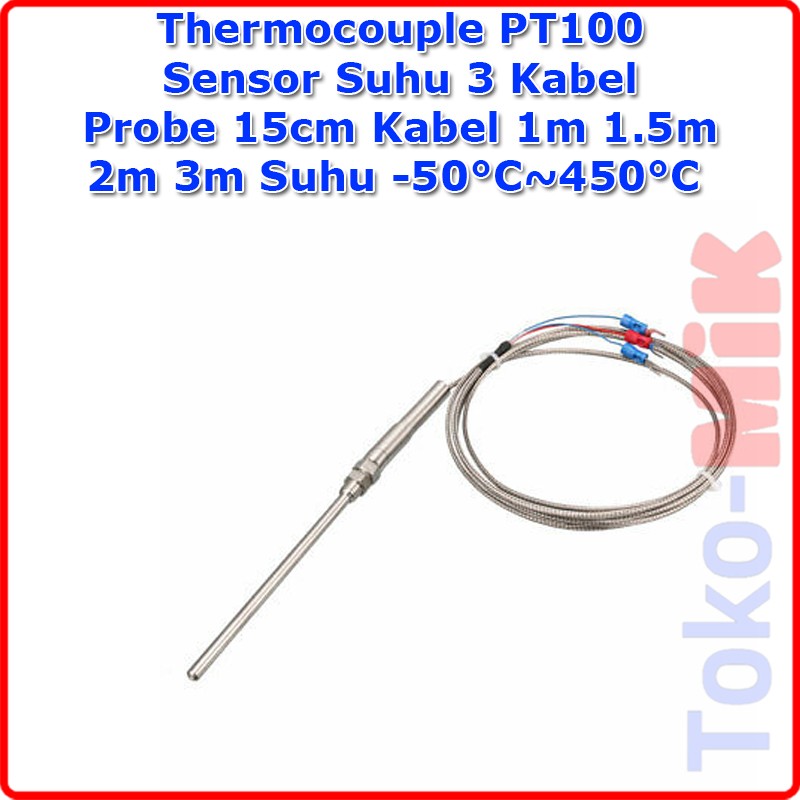 Thermocouple PT100 Sensor Suhu RTD Probe 15cm Kabel 1m 1 5m 2m 3m