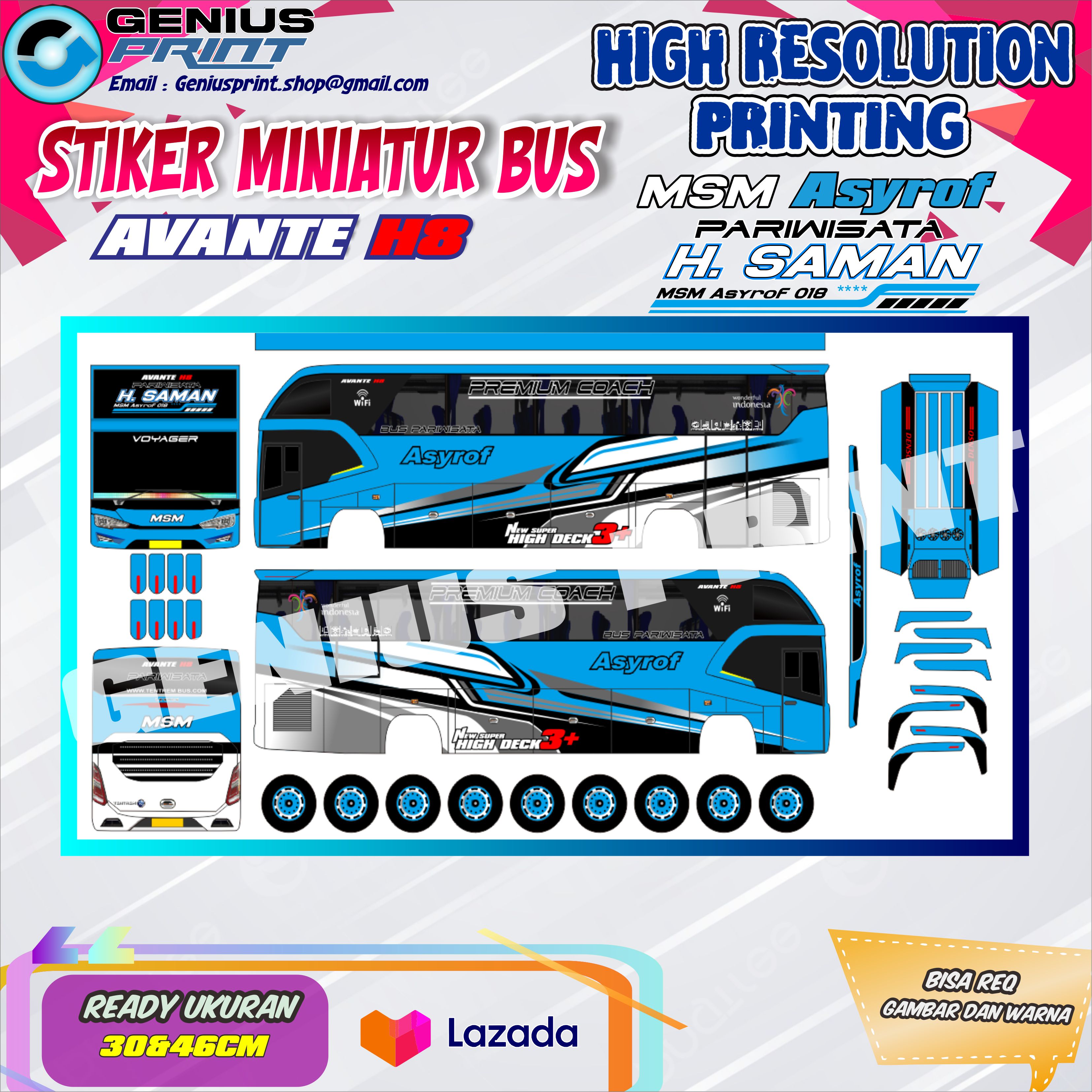 Stiker Miniatur Bus Pariwisata Avante H8 Livery MSM Asyrof Uk 30 46cm