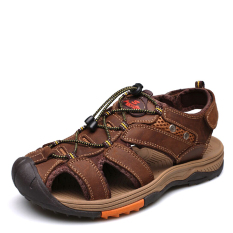 2016 Pria Luar Yang Nyaman Sandal Sandal Karet Sole Kulit Asli Cowhide Casual Summer BEACH SANDAL Sepatu (Cokelat Kehitaman)