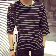 3D Korea Fashion Style Pria Yard Besar Slim Jenis Baju Dalaman T-shirt (Bergaris Selutut Lengan Hitam)